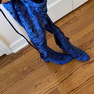 Blue Velvet Thigh High Heel Boots